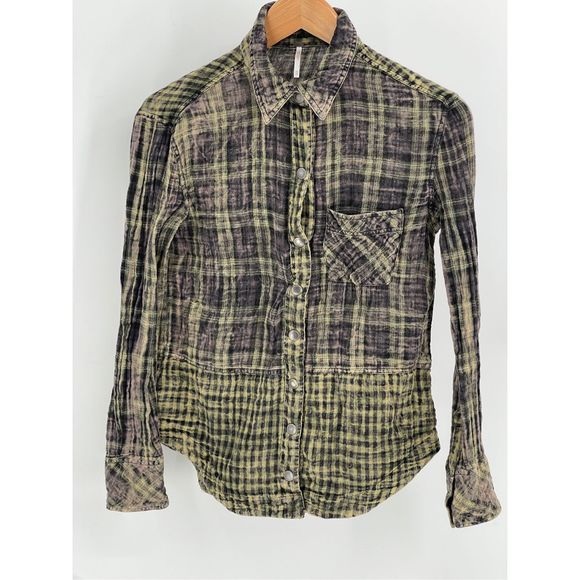 Free People Button Down Shirt‎ Women XS Plaid Gauze Cotton Lightweight Green - Picture 1 of 13